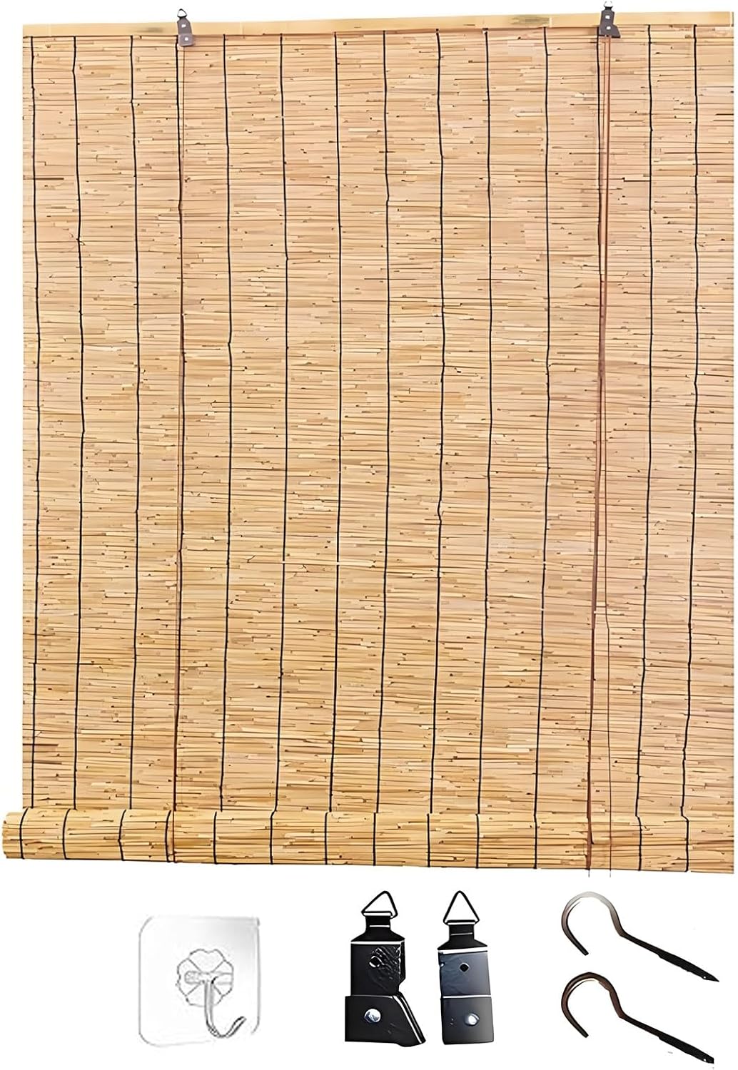 Blackout Bamboo Roller Shades for Outdoor Patio Reed Roll Up Blinds 24" 36" 48" 64" 70" 80" Window Shades Cordless with Lift for Garden Home Privacy Protection(Natural Black Line,W54 x H72)