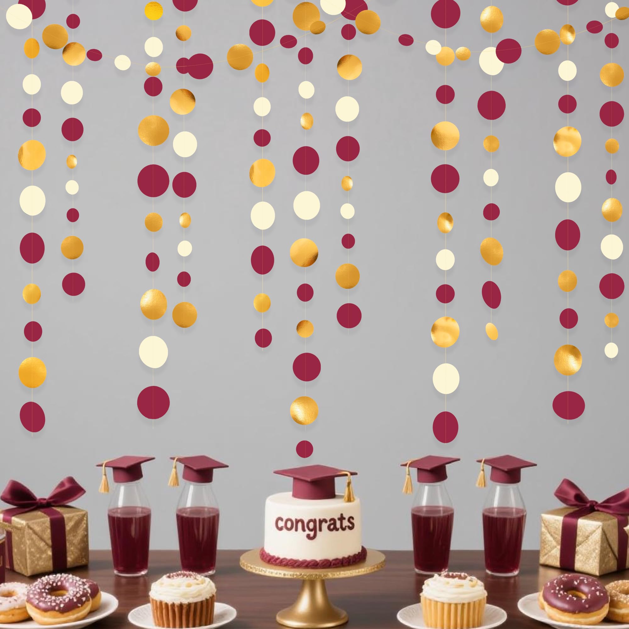 Partydekoration, 12 m, Kastanienbraun, Gold, Beige, gepunktet, Girlande, hängende Papierkreise, Punkte, Luftschlangen für Kastanienbraun, Granat, Abschlussfeier, Geburtstag, Jahrestag, Hochzeit,