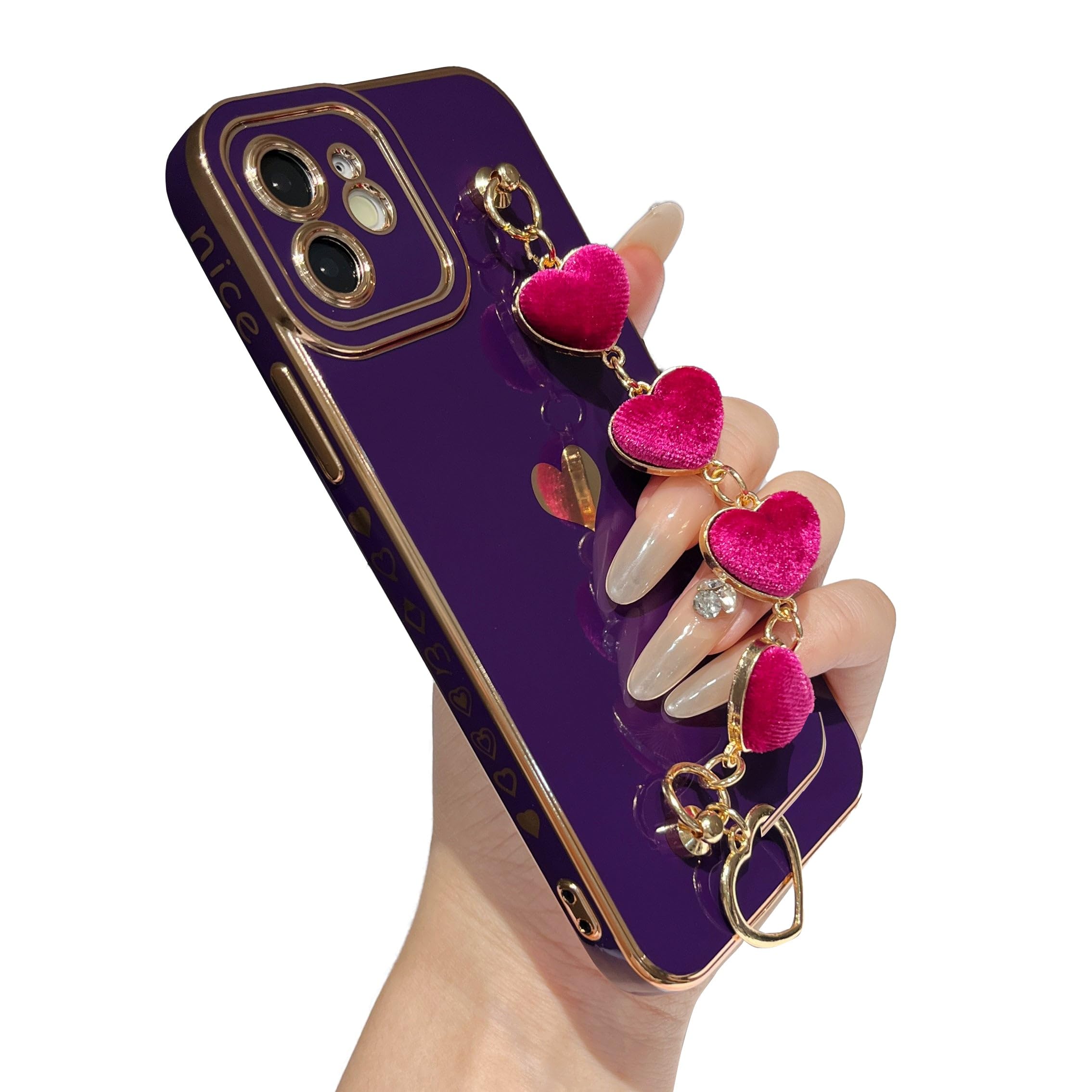 Caseative for iPhone 12 Case,Cute Plating Love Heart Wrist Strap Chain Bracelet Phone Case (Purple)