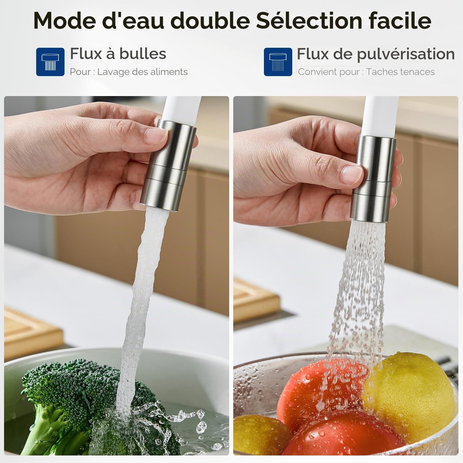 CECIPA Robinet de Cuisine Flexible, Mitigeur Cuisine Blanc Flexible Acier en Inoxydable 304, Mitigeur 2 Jets Mousse/Pulvérisation Pivotant 360°, Robinet d'Évier Haute Pression Économie d'Eau 40%