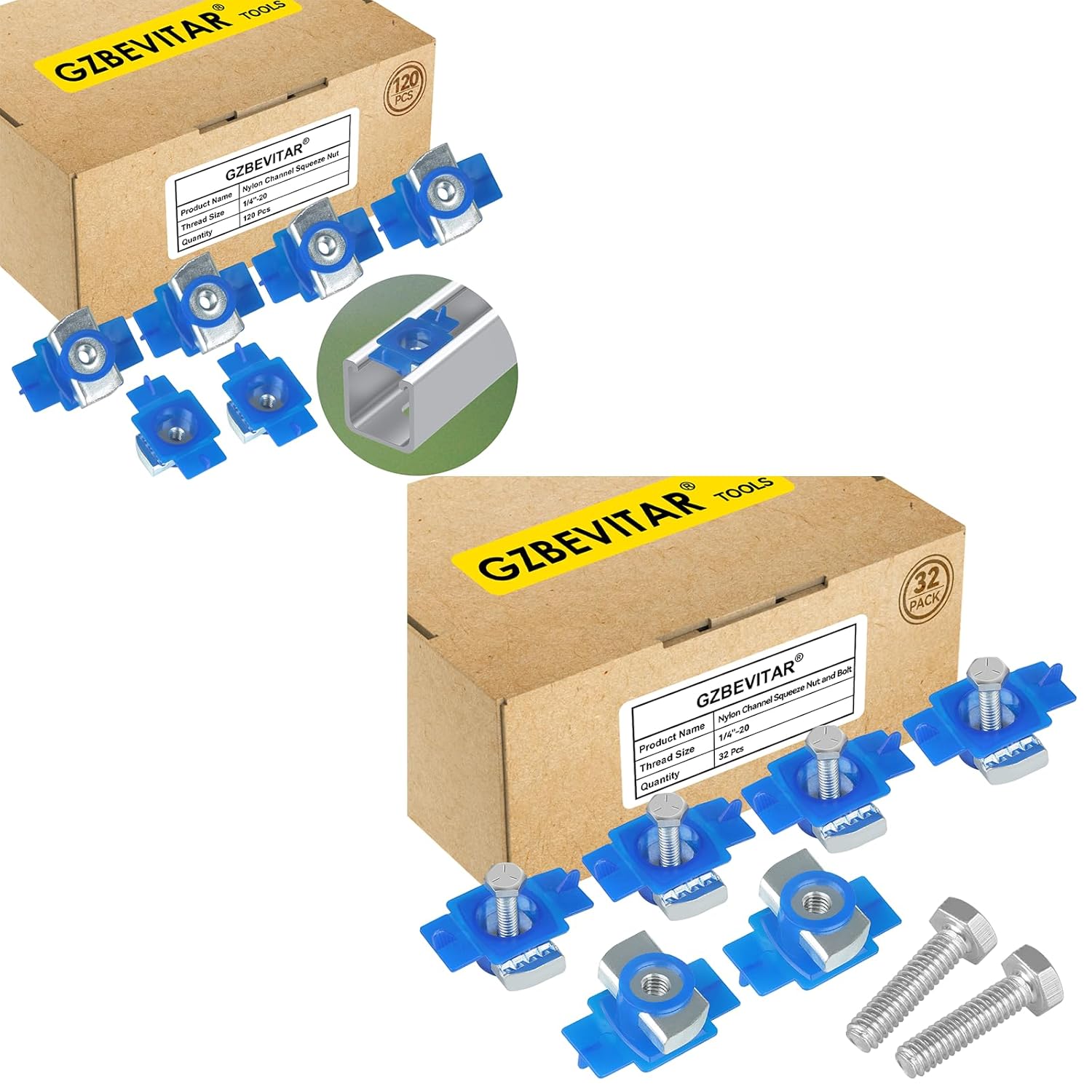 Nylon Channel Squeeze Nut, 1/4""-20 Strut Channel Cone Nuts - 120 Pcs, 1/4""-20 Nylon Channel Squeeze Nut and Bolt - 32 Pcs