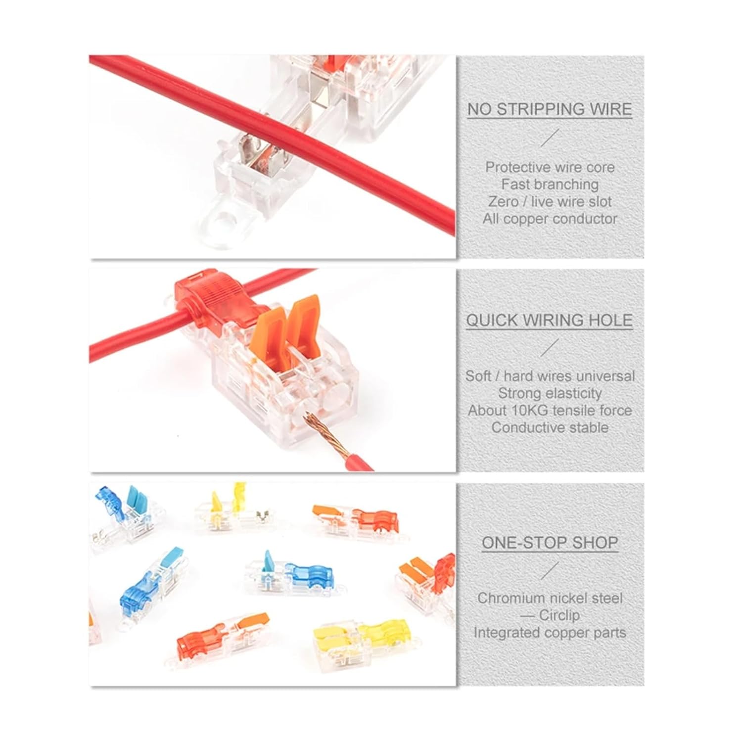 Lever T-Type Stripping with Fixing Hole Free Wiring Connector Crimp Terminal Push-in Branch Splice Junction Box Wire(30PCS T1 Mix)