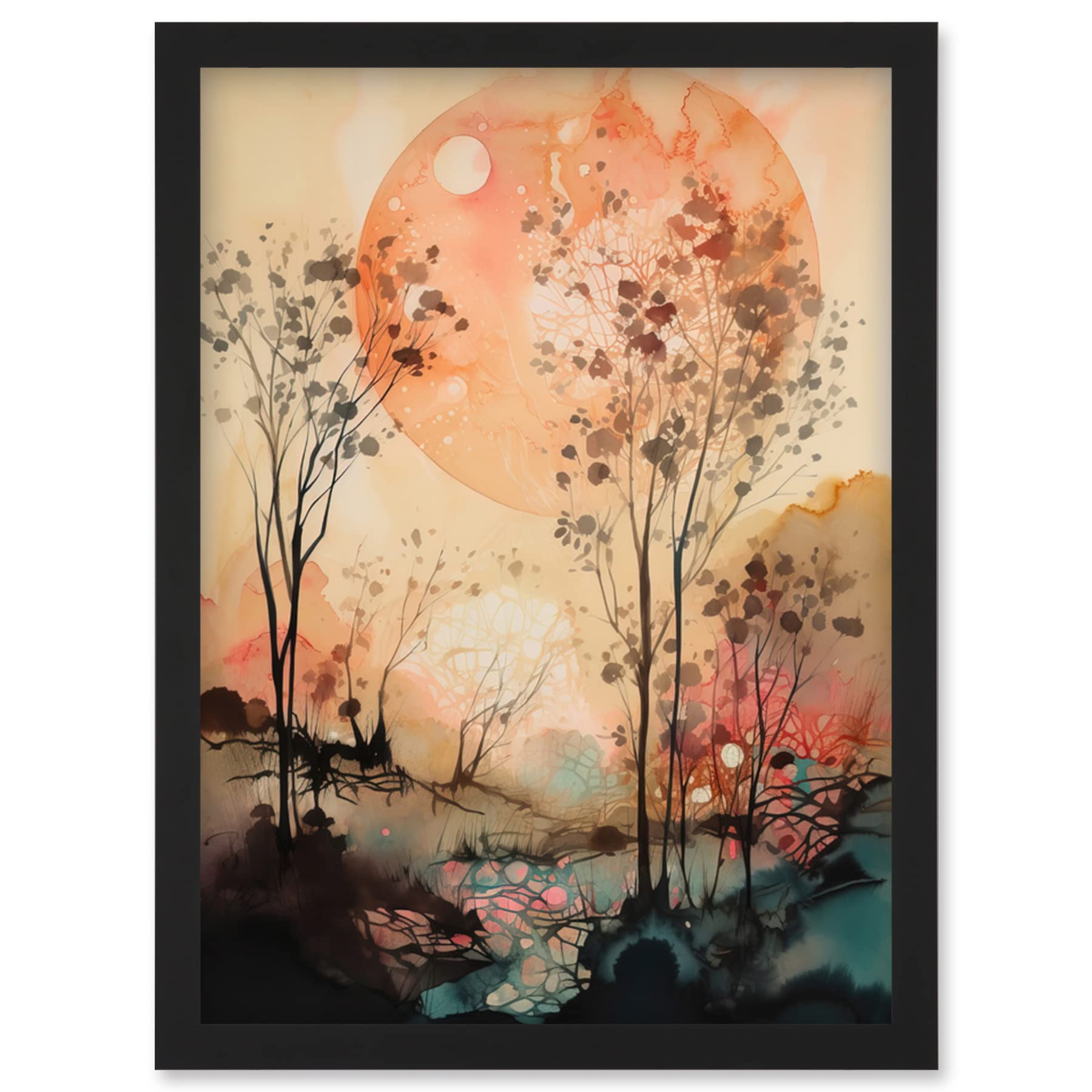 Artery8 Misty Riverside Trees Sunset Landscape Modern Boho Watercolour Painting Wall Art PrintA4 Size from B&Q