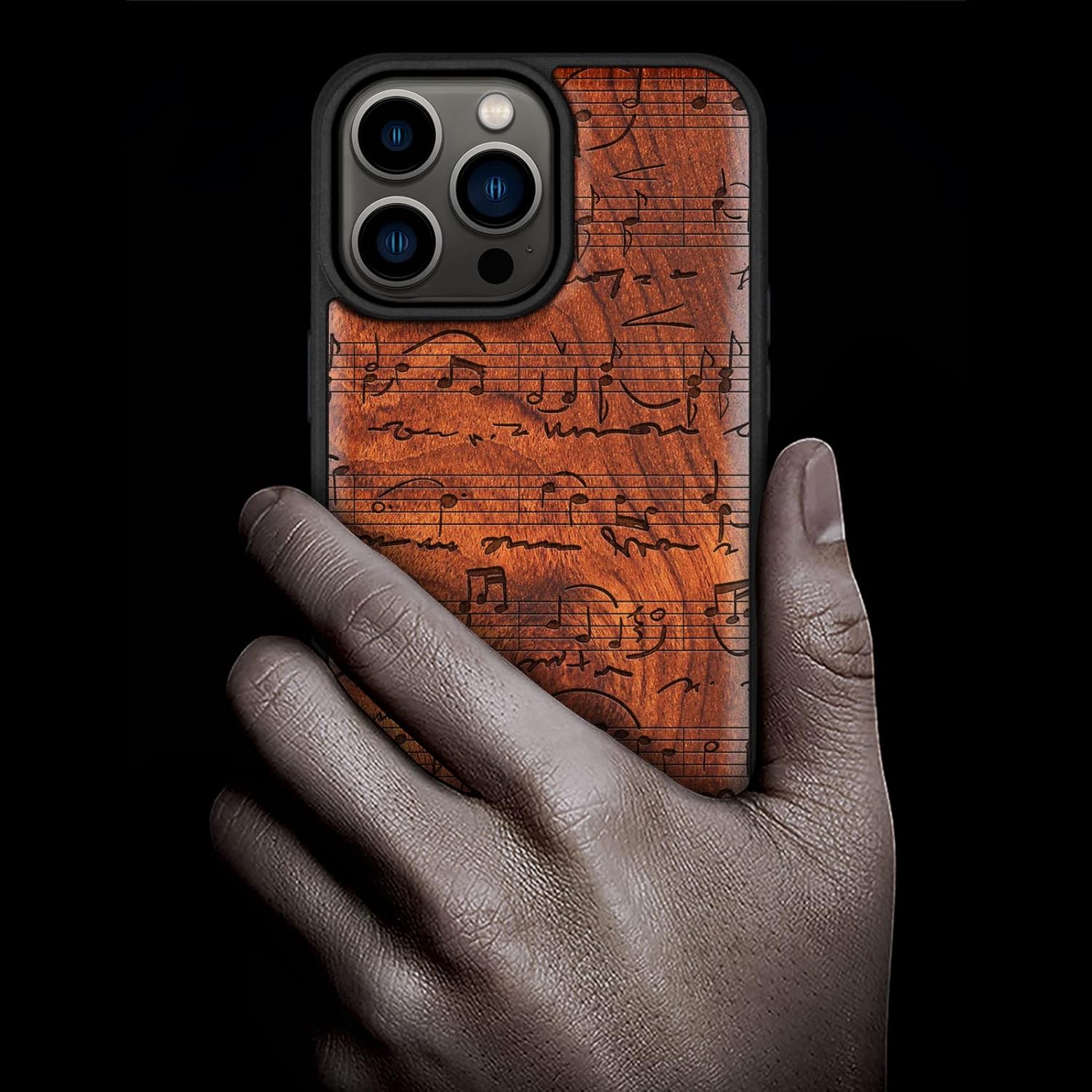 Carveit Magnetic Wood Case for iPhone 14 Pro Max [Natural Wood & Black Soft TPU] Unique & Classy Wooden Shockproof Protective Cover Compatible with magsafe (Sheet Music -Rosy)