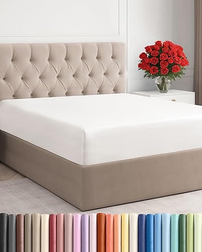 Sábana bajera tamaño King, suave con esquinas de 8 a 16 pulgadas de profundidad, transpirable y sin arrugas, cuidado fácil, sin decoloración ni