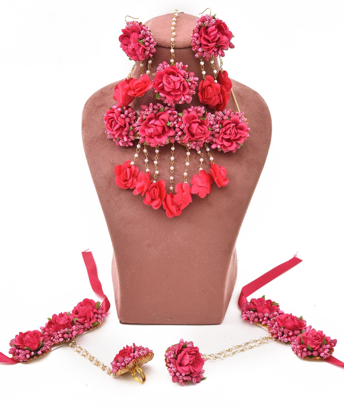 Rose Red Fabric Glorious Bridal Jewellery Set for Women-image-38