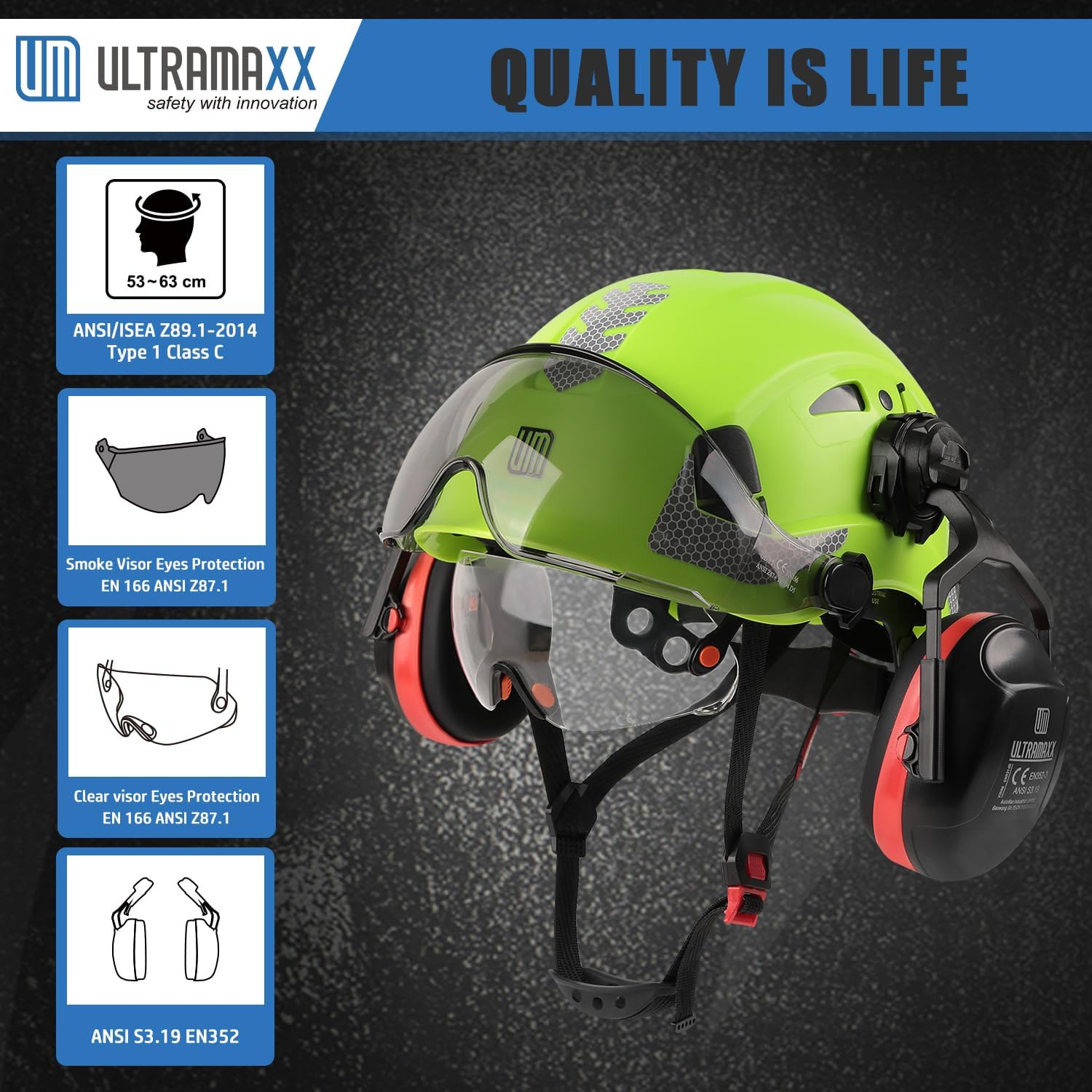 Safety Helmet with Built-in Visor Ear Muffs Kits, Hard Hat with Vented Design, ANSI Z89.1 Certified, Ideal for Industrial and Construction - Image 2