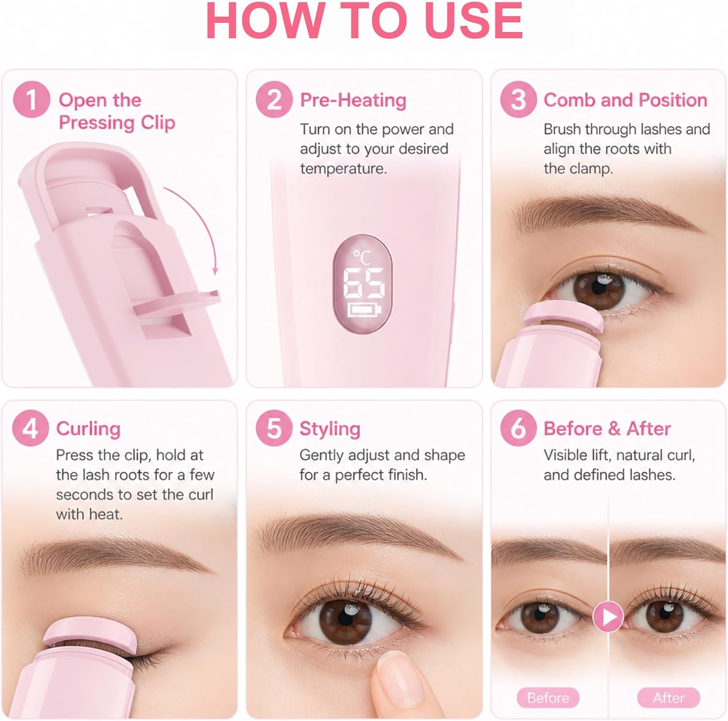 Heated Eyelash Curler 3 Gear Constant Temp Control Electric Lash Curler with Heat Resistant Silicone Pad 3s Quick Shaping 24H Shaping Anti-Pinch Fit All Eye Shapes Type C Charging (Pink)