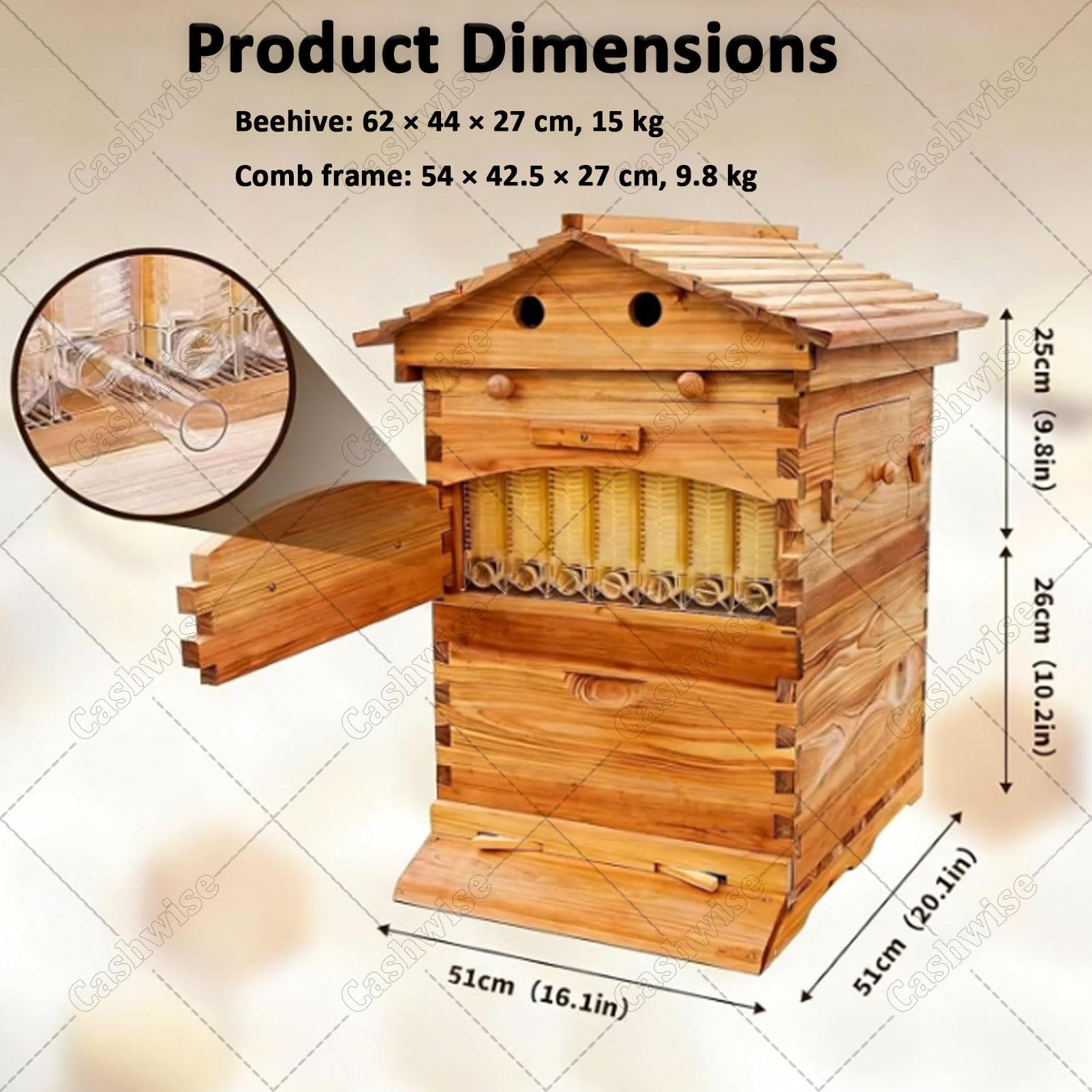 Kit de démarrage complet pour ruche à récolte automatique, incluant 7 cadres automatiques de qualité alimentaire, une fenêtre d'observation et un corps de ruche en bois ; idéal pour les apiculteurs