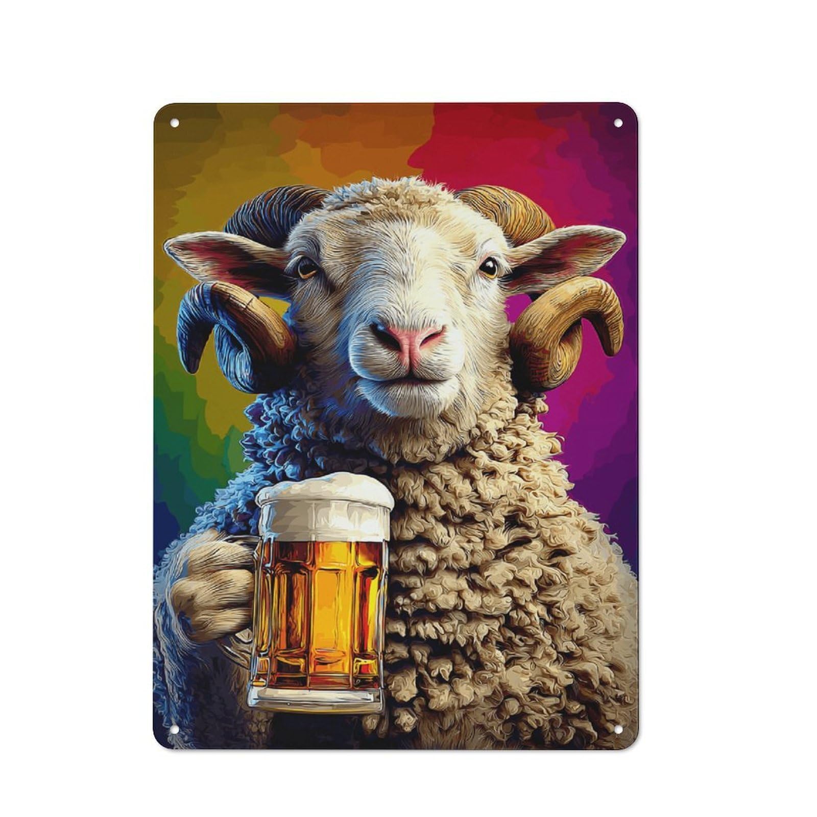 Junmoney Ram Holding A Mug Of Beer -1 Tin Wall Plaque 40X30cm With For Workshop Wall, Suited To Workshop Decor Fans, For Retro Home Interiors