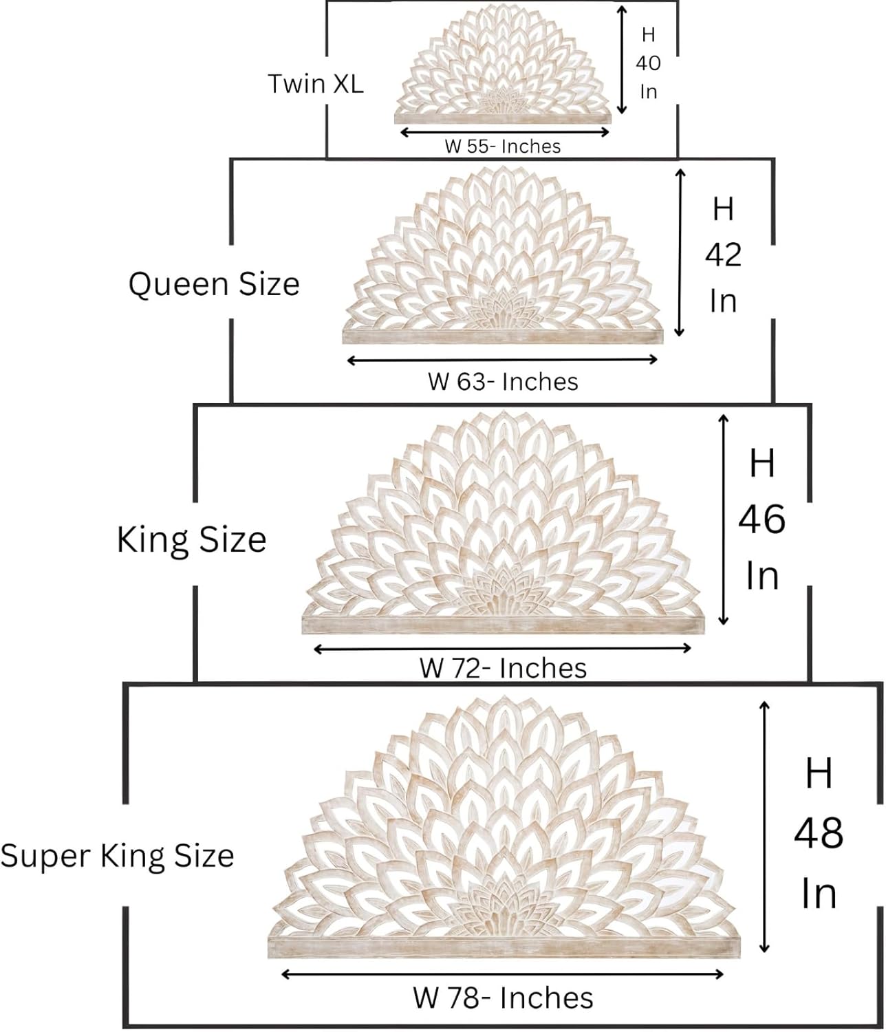 Handmade Carved Half Round White Wash Lotus Flower Bed Headboard Wooden Furniture Bed Head Wood Wall Art Boho Headboard Home Decor (Queen Size- 63x42x1 -inches) | Engineered Wood