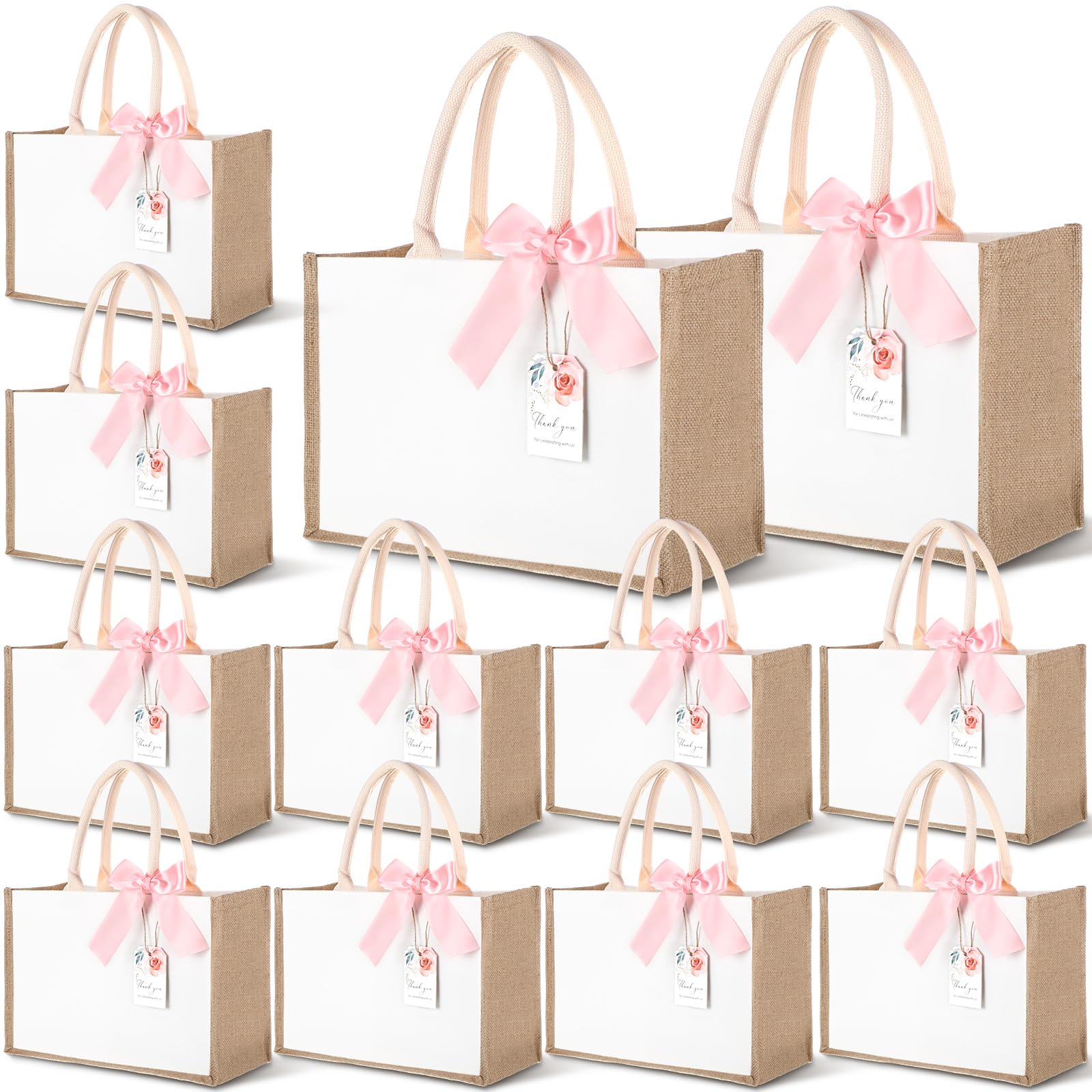 Paterr Confezione da 12 borse regalo in iuta con manici e nastri, riutilizzabili, impermeabili, per damigella d'onore, spiaggia, spesa, matrimoni, 37 x 26 x 17 cm, cachi, bianco