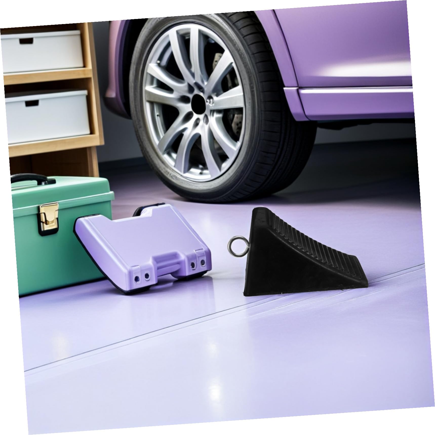 Calzos de Goma para Ruedas de Coche Triangulares, 2 Piezas | Anilla Integrada y Base Texturizada, Color Negro, para Remolques y Vehículos en Eventos o Aparcamiento Diario