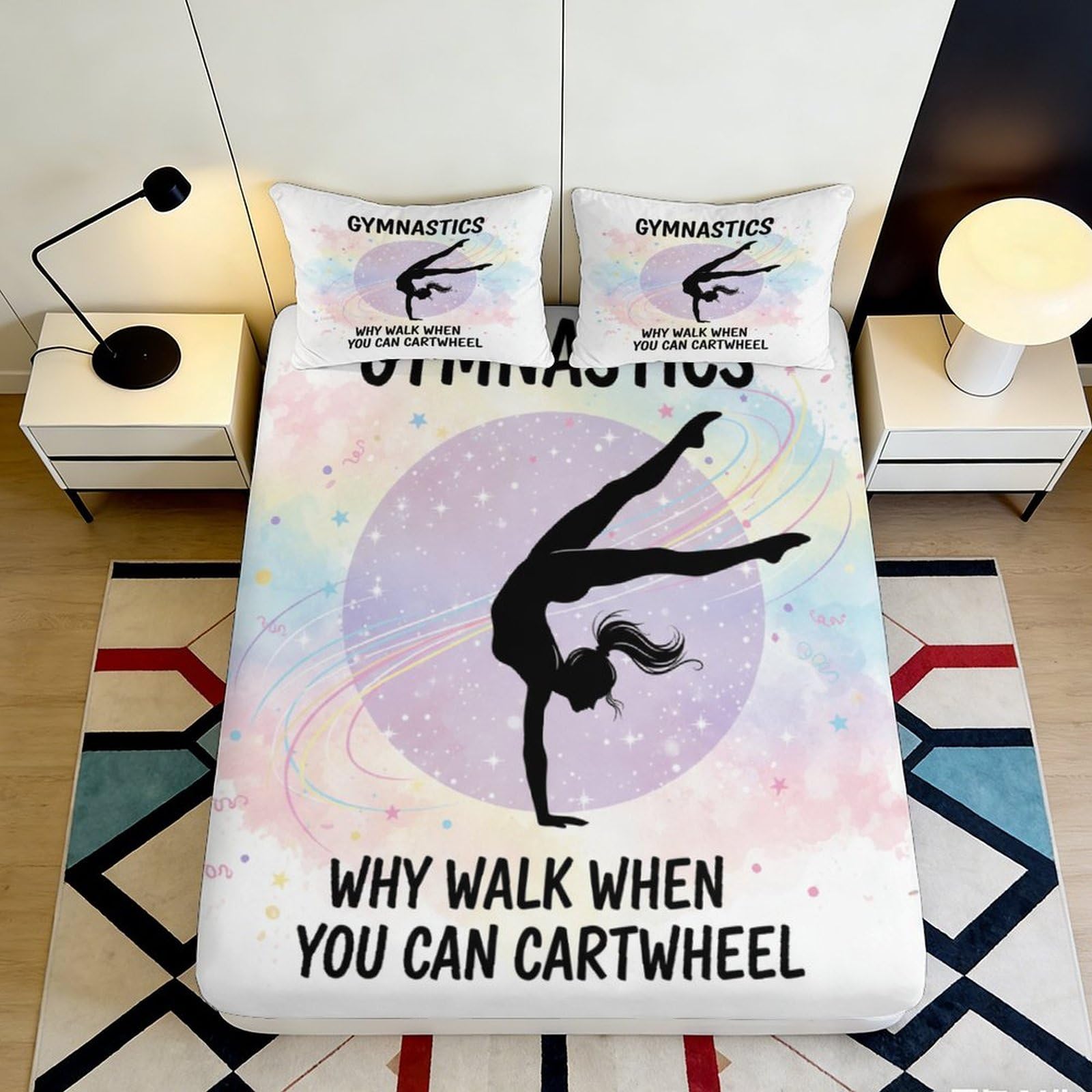 3D Printed Gymnast Silhouette Fitted Sheet Microfiber Pastel Universe Bed Cover for Bedroom Dorm Decor Protection 90x200x25cm