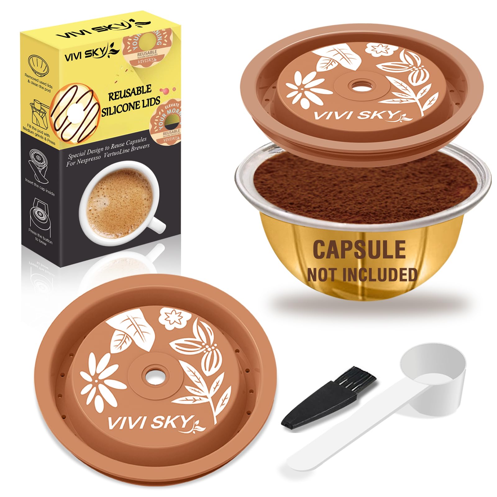 VIVI SKY Reusable Coffee Capsule Lids for Nespresso VertuoLine, 2 Count Clear Silicone Lids