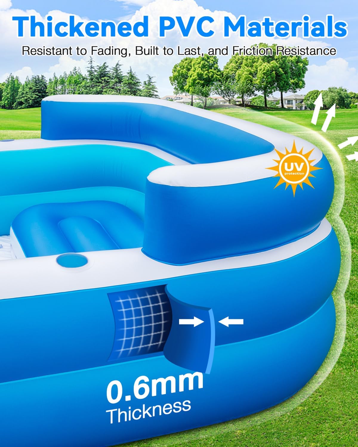 Large Inflatable Swimming Pool - 120" x 85" x 26" Blow Up Pool for Adults and Kids with Seat & Air Pump, for Backyard Lawn Indoor Outdoor Use