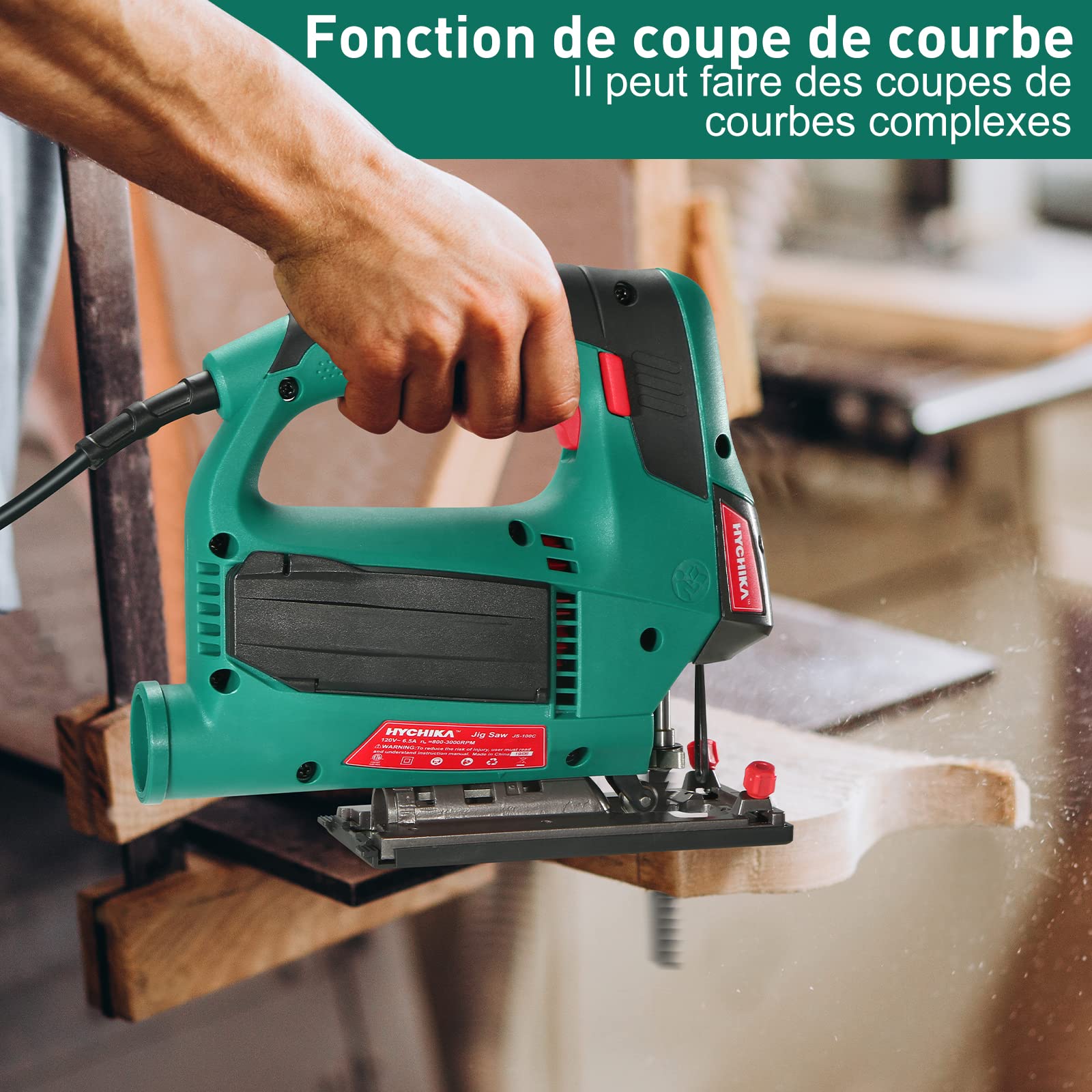 HYCHIKA Scie Sauteuse 800W, 800-3000SPM, 6 Vitesses Réglables, 4 Modes de Coupe, Angle d'inclinaison ±45 °, 6 Lames de Scie, Changement de Lames Rapide