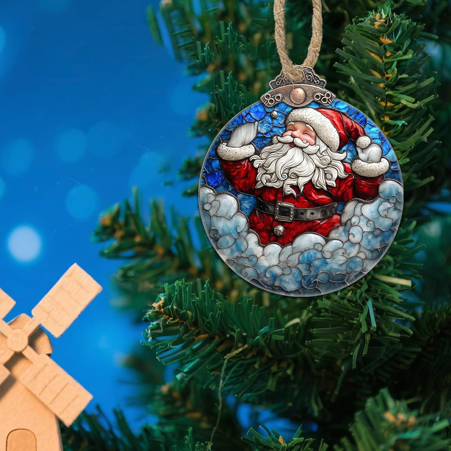 Stained Glass Christmas Decorations, Red Man Santa Claus Blue Cloud Suncatcher for Window Christmas Tree Hanging Ornaments Sun Catcher Xmas Decor Gifts for Women Men Mom Nana Friend - Image 2