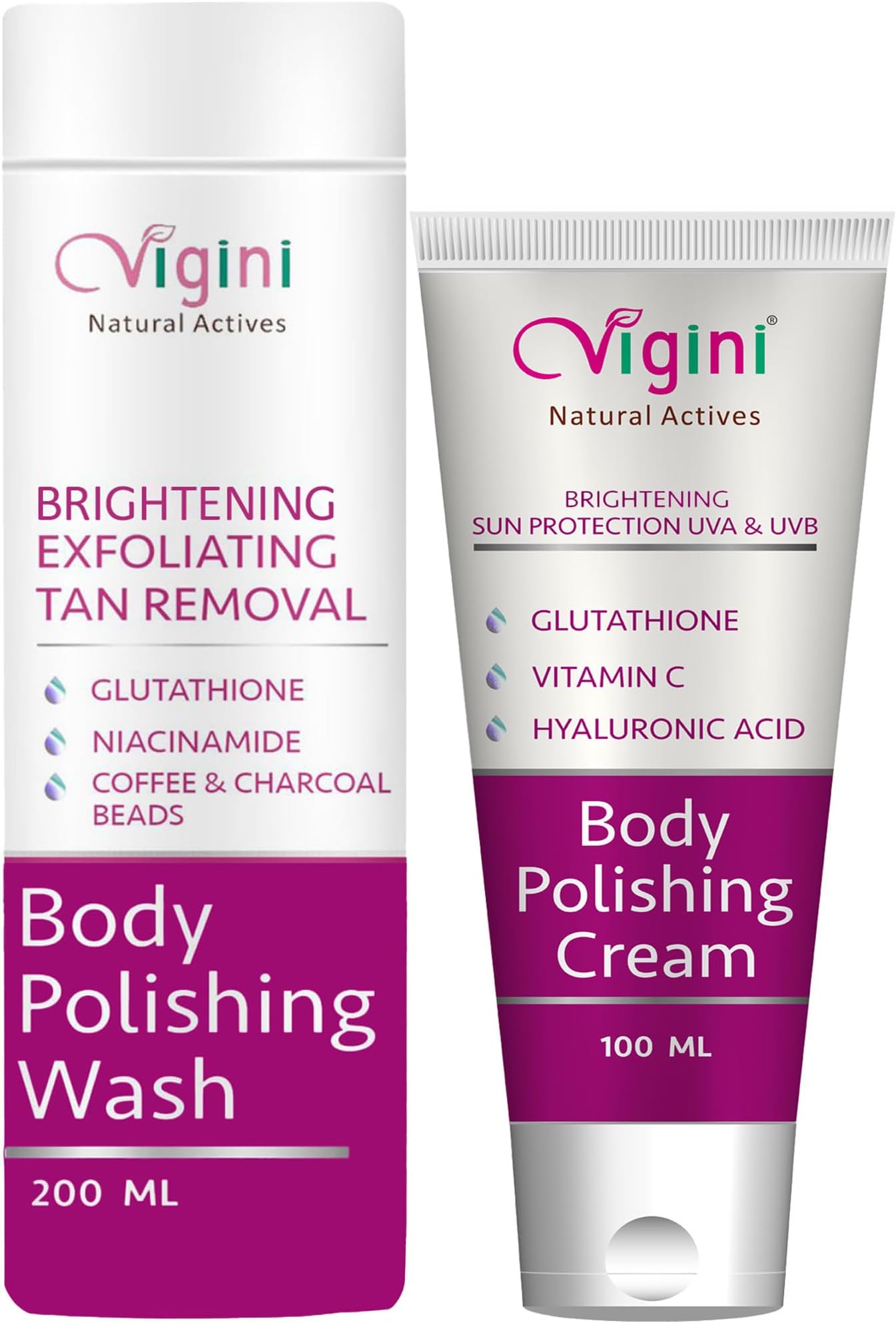 Vigini Body Skin Lightening Brightening Polishing Moisturizing Exfoliating Glowing Scrub Wash Cream Kit Men Women 300ml Sunblock SPF 30, D Tan Dark Spots Removal Glutathione, Niacinamide, Vit C