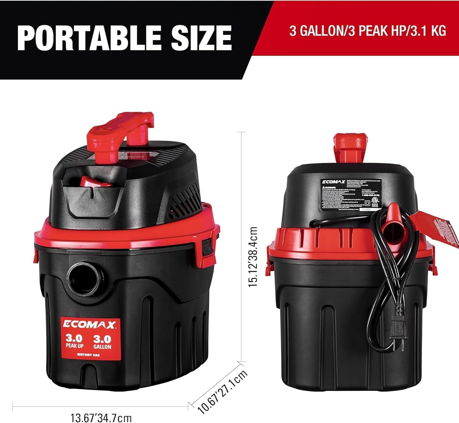 ECOMAX Small Shop Vacuum Wet/Dry 3 Gallon, 3 Peak HP, Small Shop Wet Dry Vac with Accessories, 3-in-1 Mini Shop Vacuum with Blower Function for Home, Car Detailing, Workshop, EM18910P-3