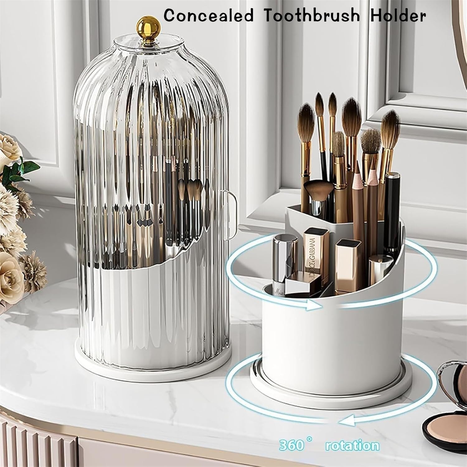 Portaspazzolino A Scomparsa Con Coperchio - Organizer Da Bagno Rotante 360°, Impermeabile, Per Spazzolini E Trucco - Foto 3