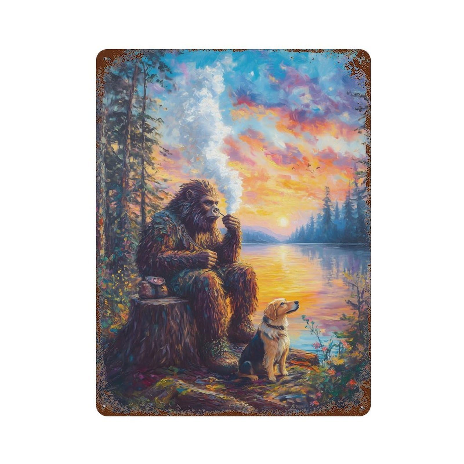 Distressed Metal Wall Sign with Bigfoot Sunset Design 15.7"x11.8", for Office, Studio And Wall Decor, Industrial Home Decor