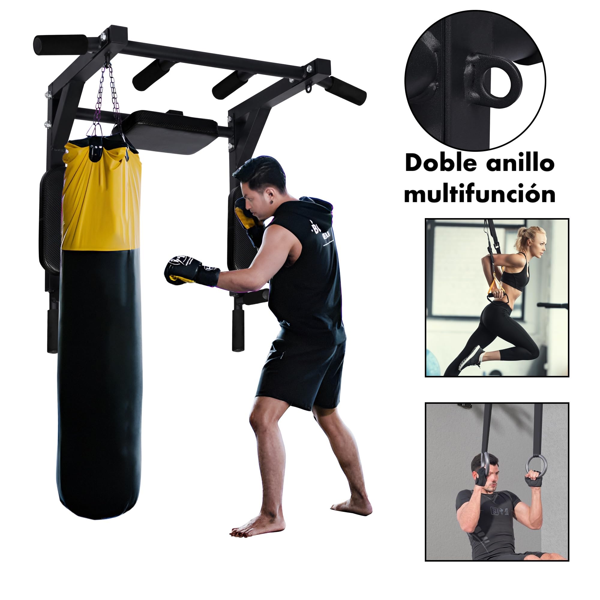 Barra dominadas pared entrenamiento en casa. Doble. Con Gancho para saco boxeo para gomas de entrenamiento. Múltiples agarres. Pull up, dorsales, espalda. Crossfit. Hasta 150kg. Tornillos incluidos..