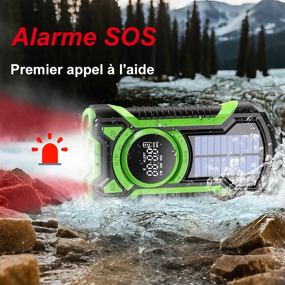 Radio de Survie d'urgence Rechargeable 5 000 mAh, étanche IPX5, Radios Portable FM/AM, Solaire d'urgence avec Manivelle, Idéale pour Les Urgences, Les Pannes de Courant et Le Bluetooth Domestique