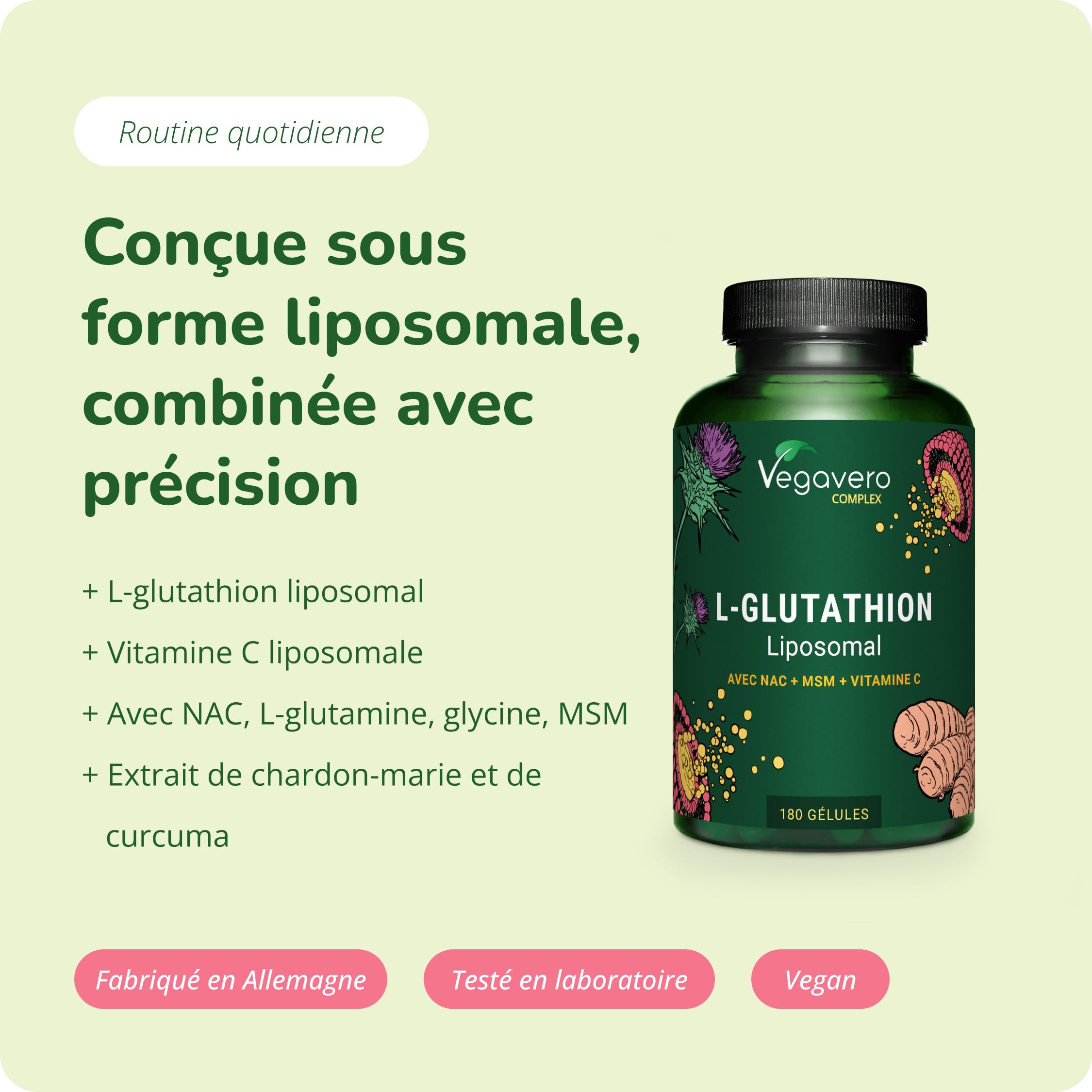 GLUTATHION Liposomal & Réduit à 98% | 180 Gélules | Avec Précurseurs : NAC, Vitamine C, MSM, Glycine | PureWay™- G | Antioxydant + Anti age + Immunité | Vegan & Sans Additifs | Vegavero®