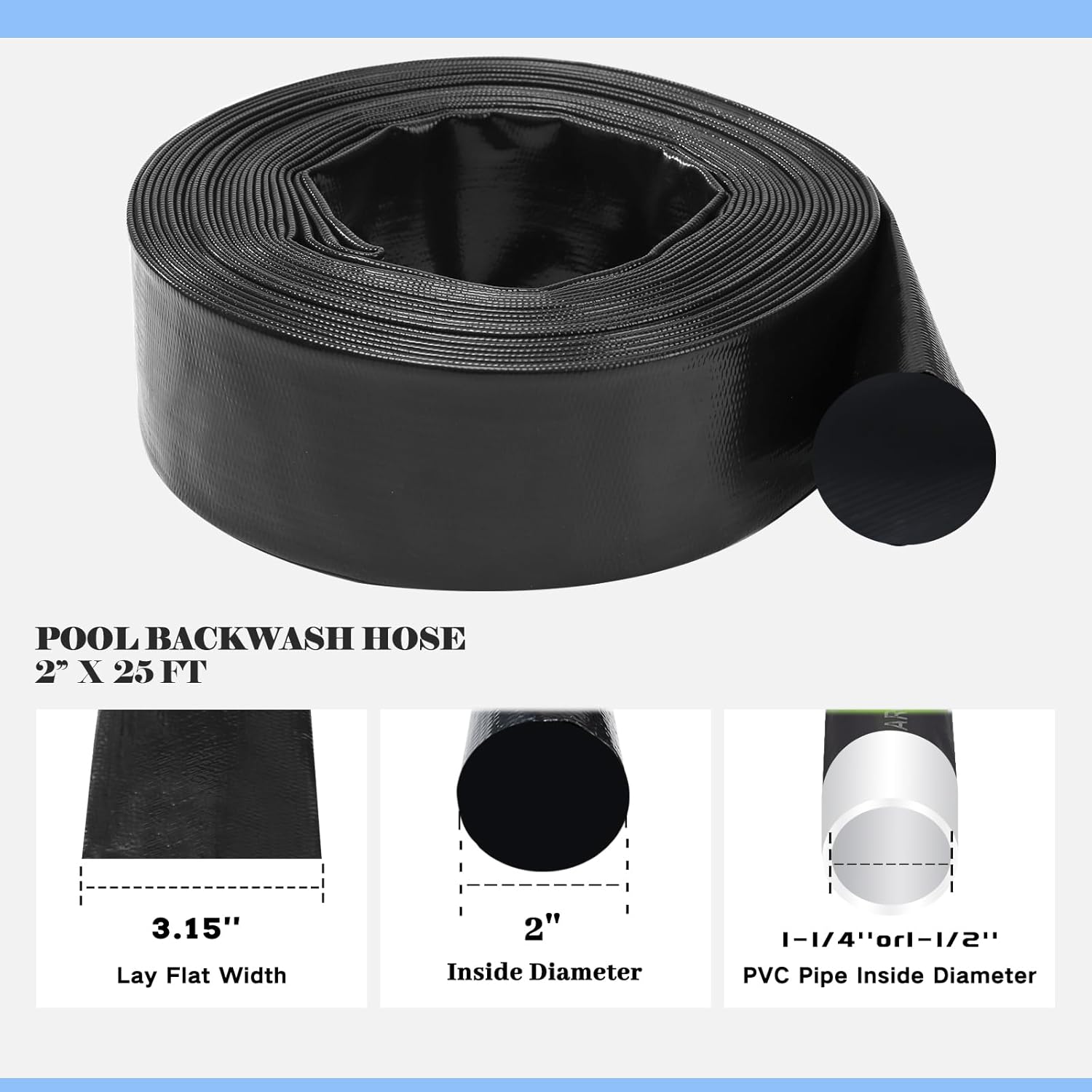 Eastrans 2'' x 25 FT Pool Backwash Hose with 2 Hose Clamps,Extra Heavy Duty Discharge Hose,Drain and Filter Pump Hoses for Swimming Pool,Wall Thickness 1.35mm,Super wear-resistant,weather blast