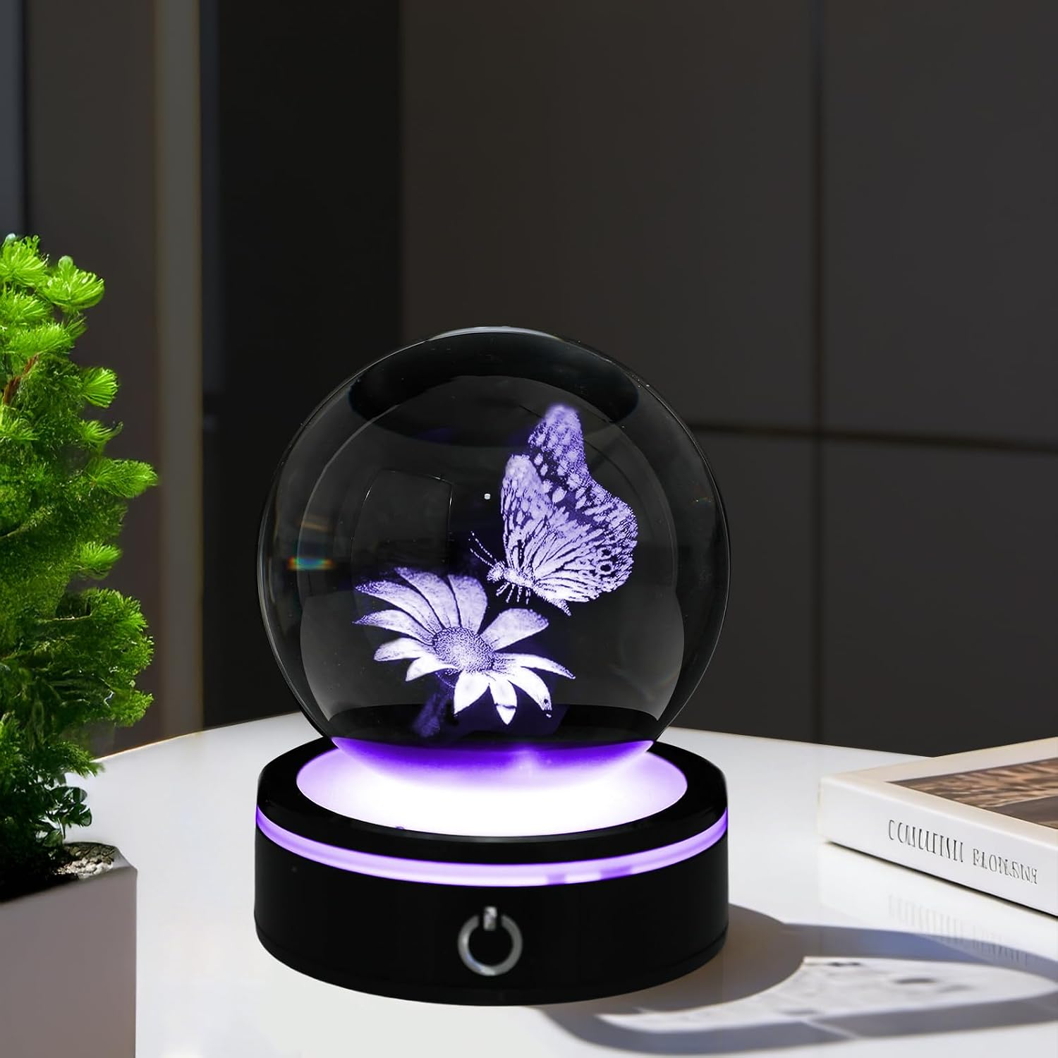 80mm 3D Crystal Ball Butterfly Lamp - K9 Glass Butterfly Decorations with 6 Color LED Light Base, Butterfly Gifts for Women Mom Kids, Laser Etched Butterfly Lights Night Light Home Decor