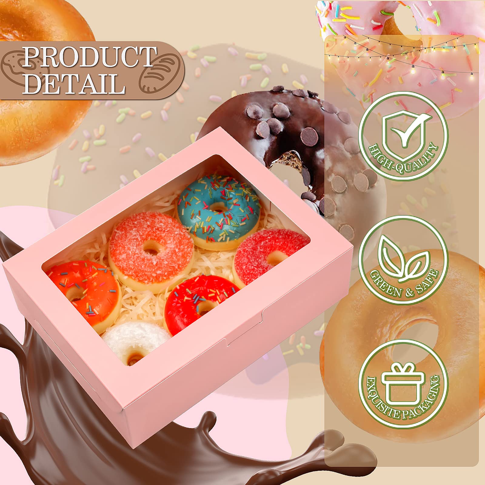 KPOSIYA 65 cajas de galletas de 8 x 6 x 2.5 pulgadas con ventana, cajas de panadería rosas para regalo, golosinas, postres, cupcakes, chocolate, fresas, donas, magdalenas (5 ventanas de estilo)