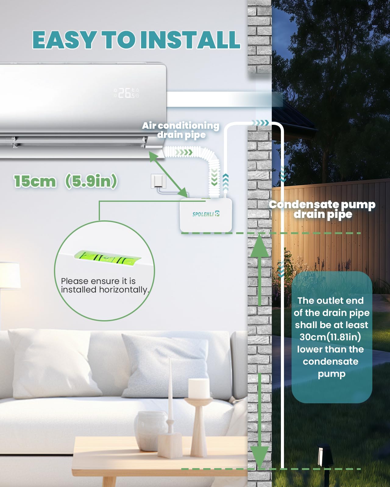 Pompa a condensa da 40 l/h, per condizionatore d'aria, con serbatoio dell'acqua da 380 ml e tubo da 5 m, impianto di sollevamento della condensa per una potenza massima di 15 kW (1-3P) per