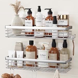 Orimade Shower Caddy with 5 Hooks Organizer for Hanging Razor and Sponge Bathroom Basket Adhesive Shower Shelf Storage