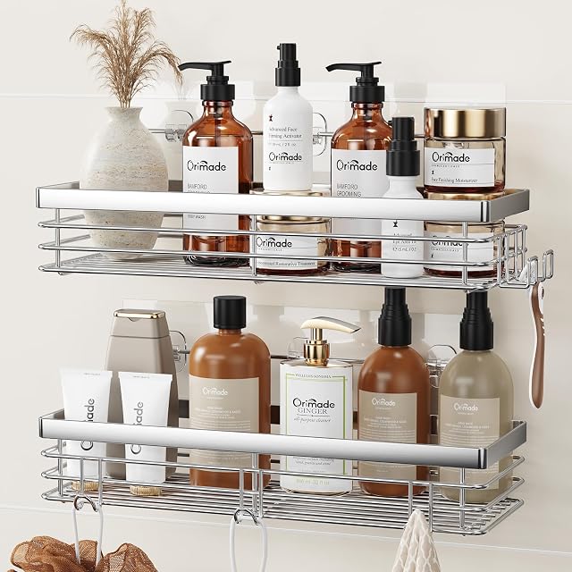 Orimade Shower Caddy with 5 Hooks Organizer for Hanging Razor and Sponge Bathroom Basket Adhesive Shower Shelf Storage