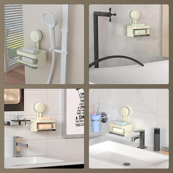 2-Pack Suction Cup Soap Dish Wall Mount with Drain for Shower, Ivory