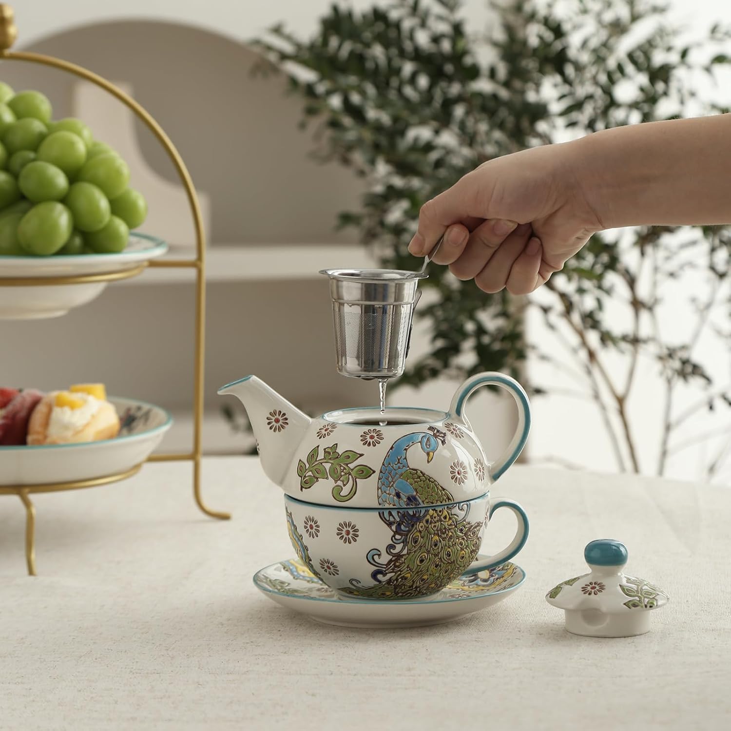 London Pottery Ceramic Tea Sets for One, 10 OZ Teapot with a Fine Stainless Steel Infuser Strainer and Cup Set, The Gifts Set for Adults/Women (Peacock, Teapot- 300ml, Cup and Saucer-300ml)