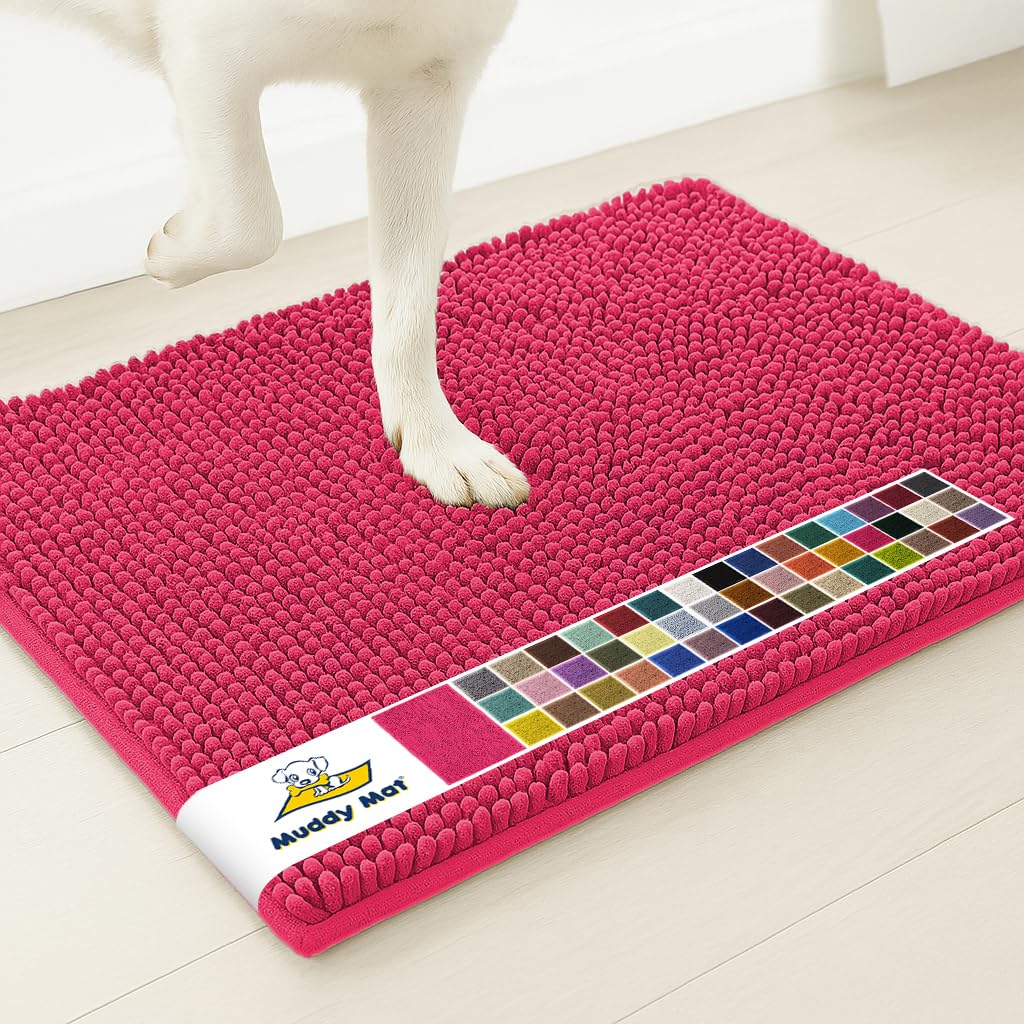 Muddy Mat® | Super Water Absorbent Door Mat Indoor, Microfiber Quick Dry Chenille Entryway Rug, Slip Resistant Front Door Mat, Indoor Mats for Entryway, Machine Washable Pet Rug, Hot Pink 32" x 40"