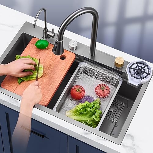 Miniatura 2 de Fregadero de cocina de acero inoxidable volador con cascada de lluvia voladora, fregadero doméstico, estación de trabajo, fregadero de cocina con
