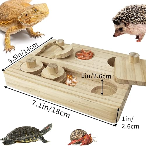 FlidRunest Bearded Dragon Feeder Puzzle, Wooden Lizard Feeding Box, Reptile Interactive Enrichment Food Feeder Training Treat Dispenser for Lizard Bearded Dragon Frog Hamster