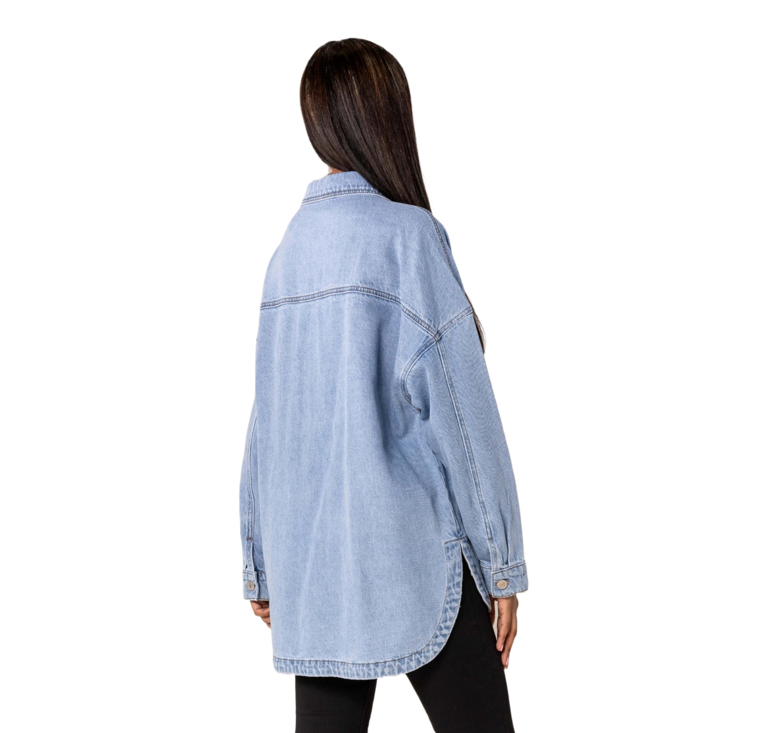 Nina Carter S539 Camisa vaquera de gran tamaño para mujer, chaqueta vaquera ligera, chaqueta de entretiempo, chaqueta de camisa con efecto de lavado, aspecto desgastado, informal