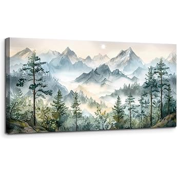 MHARTK66 Watercolour Green Mountain Landscape Canvas Pictures 50 x 100 cm Large Wall Pictures Living Room Natural Landscape Picture Aesthetic Modern Wall Decoration Art Print Bedroom Bathroom Office