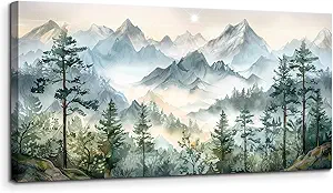 SERIMINO Large Mountain Landscape Wall Art for Living Room, Nature Scenery Paintings Bedroom Decor Aesthetic, Green Pictures Wall Decor Modern Home Decor Artwork 20"X40"