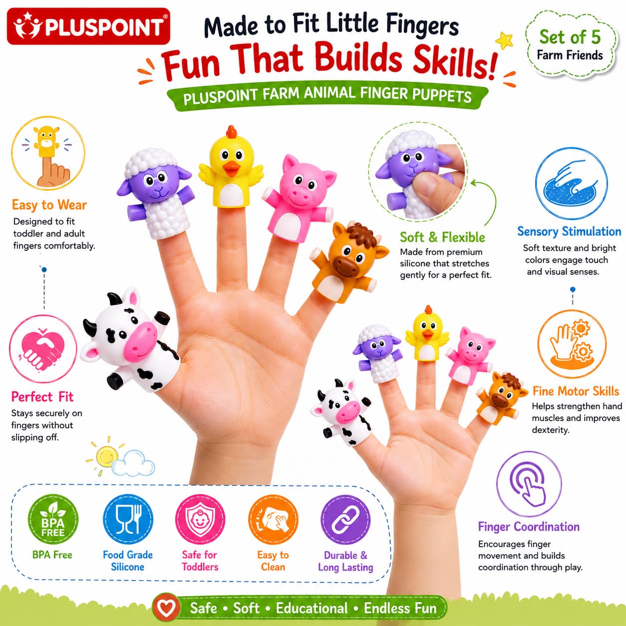 PLUSPOINT Farm Animal Finger Puppets Set of 5 for Kids β Soft Rubber Finger Puppet Toys for Storytelling, Pretend Play, Educational Learning, Party Favors, Goodie Bag Fillers & Birthday Gifts 4
