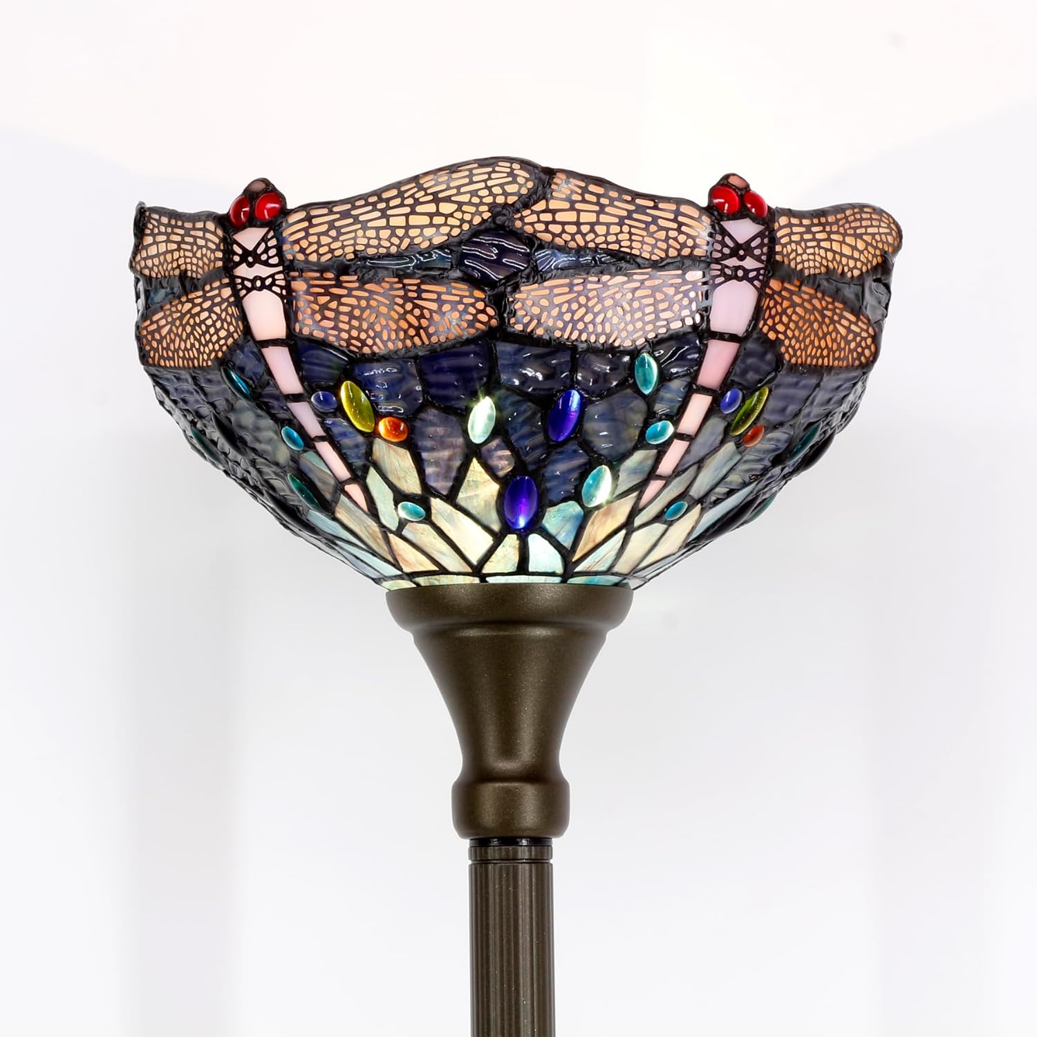 WERFACTORY Tiffany Floor Lamp Sea Blue Stained Glass Dragonfly Light 12X12X71 Inches Pole Torchiere Standing Corner Torch Uplight Decor Bedroom Living Room Home Office S631 Series