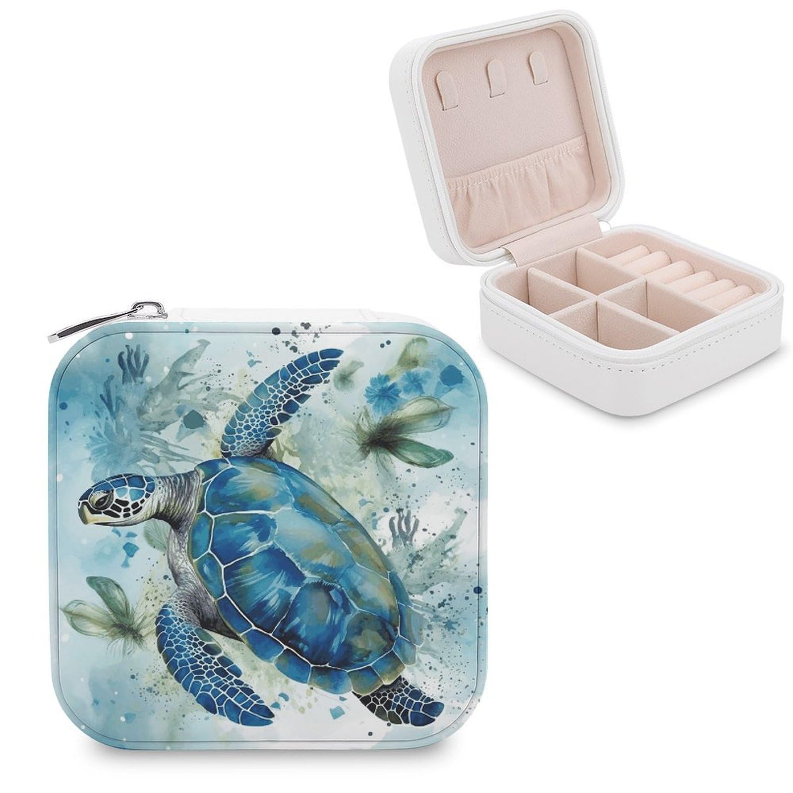 FekiLoot Sea Turtle-Blue Jewelry Box Custom Jewelry Travel Case Pu Leather Trinket Organizer Box to Organize Ring Pendant Earring Small Portable Jewelry Storage Holder for Women