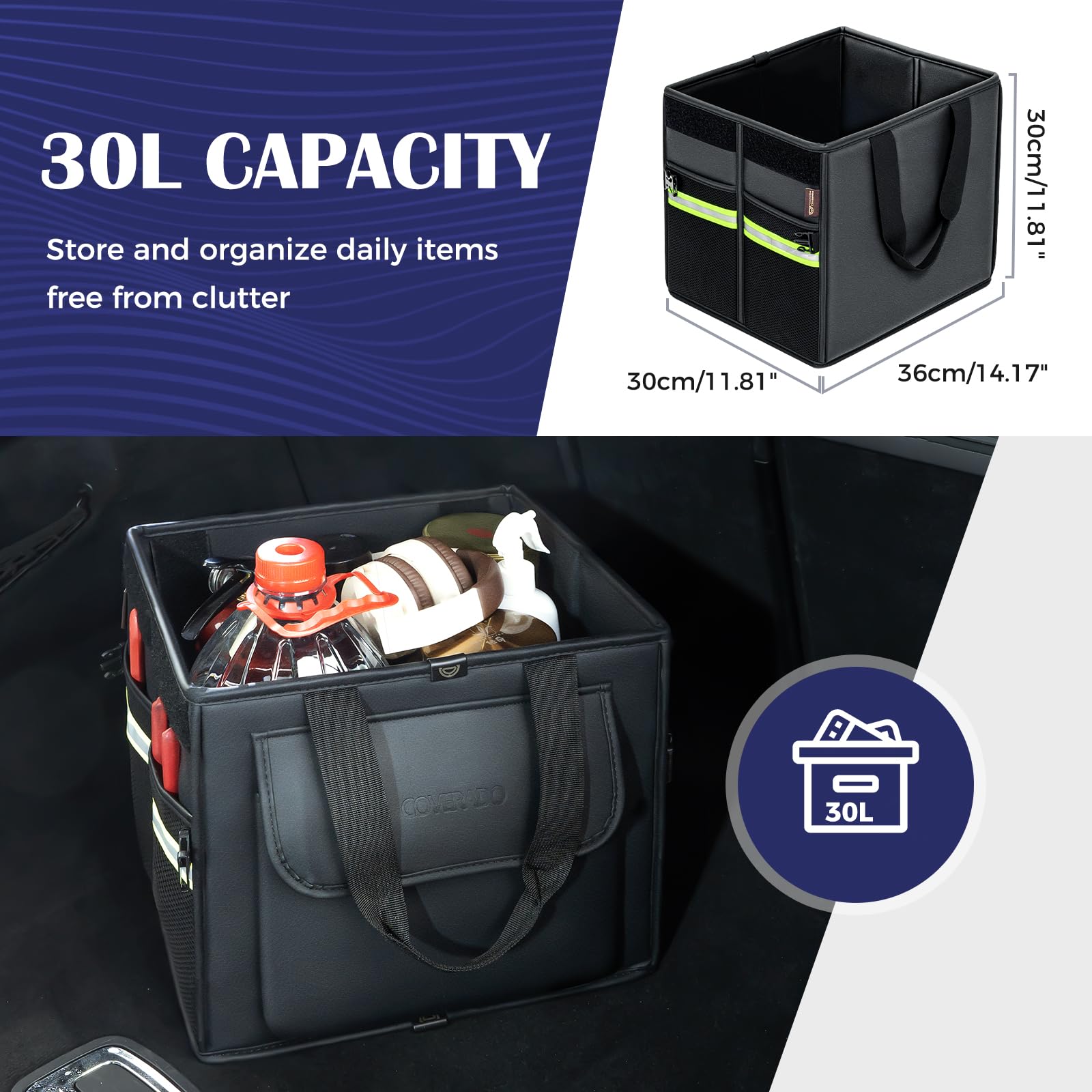Coverado Borse per bagagliaio auto - Pelle Nappa Organizzatore auto 30L Auto Stoccaggio Scatola Portaoggetti per SUV/Camion, Pieghevoli & impermeabile, Multicompartimenti, Divisori & Fissare 2 cinghie