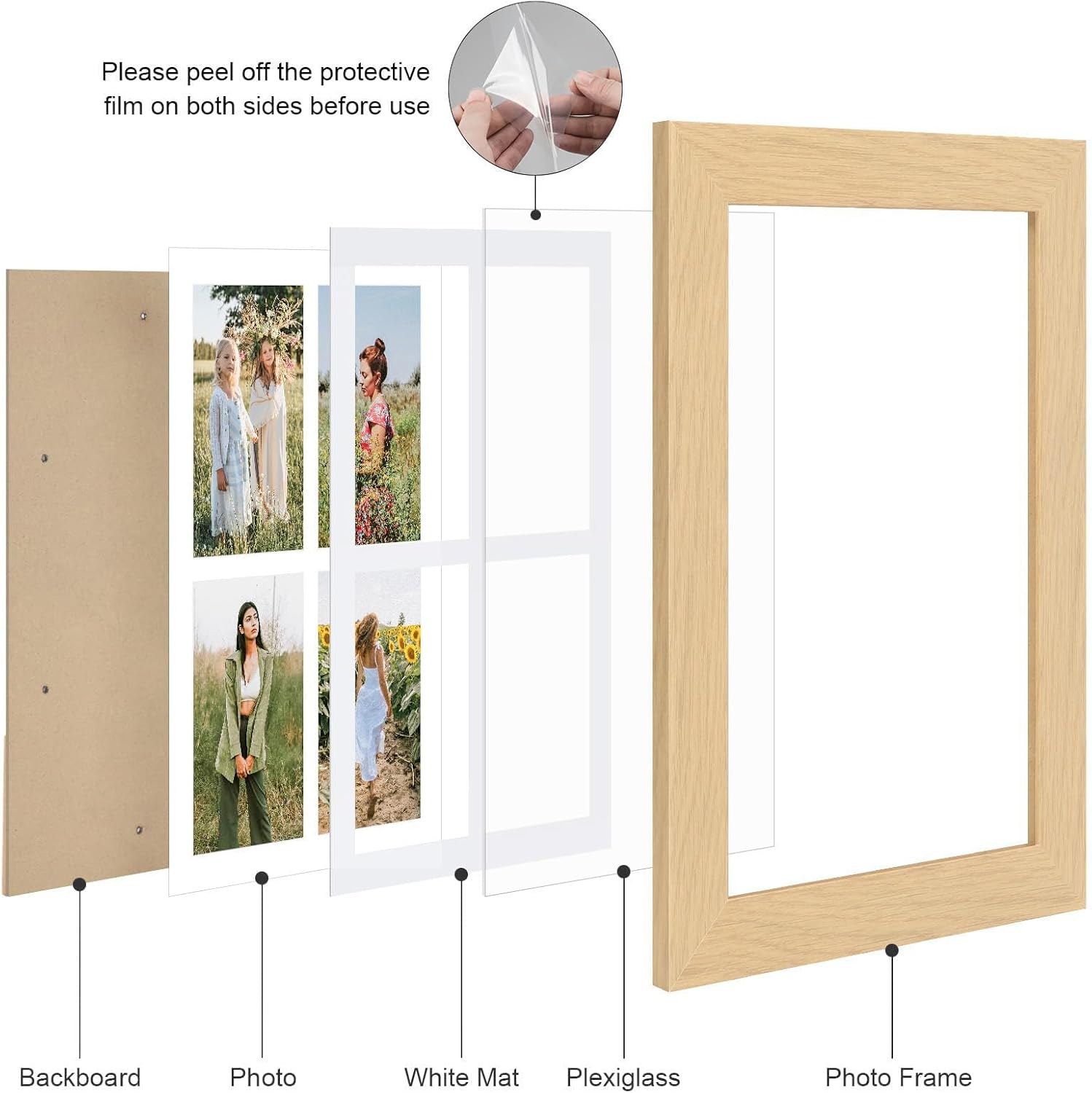 9x13 Picture Frame Display 4 opening 4X6 Picture Frame Collage,Multi Photo Frame with Mat,Plexiglass,Wall or Tabletop Decor,Natural Wood Grain - Image 2