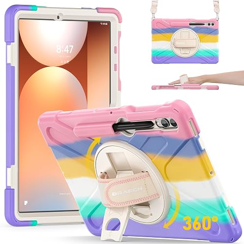 BRAECN Galaxy Tab S8 Plus/S7 Plus Case,Galaxy Tab S7 FE Case for Kids, Heavy Duty Shockproof Case with S Pen Holder Hand Strap Kickstand Shoulder Strap for Samsung Tab S7+ 12.4 Inch 2022/2020-Rainbow