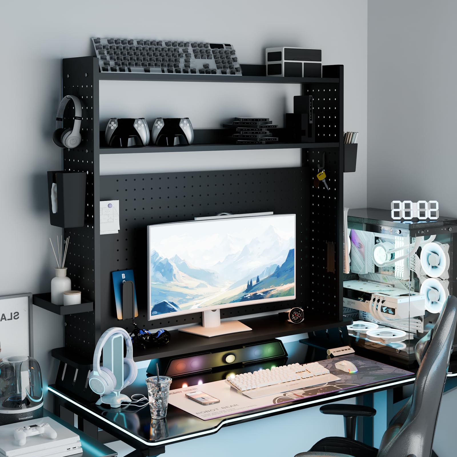 Étagère de Bureau à 2 Niveaux avec Ascenseur de Moniteur, Noir 100CM, Organisateur de Bureau avec Tableau d'affichage